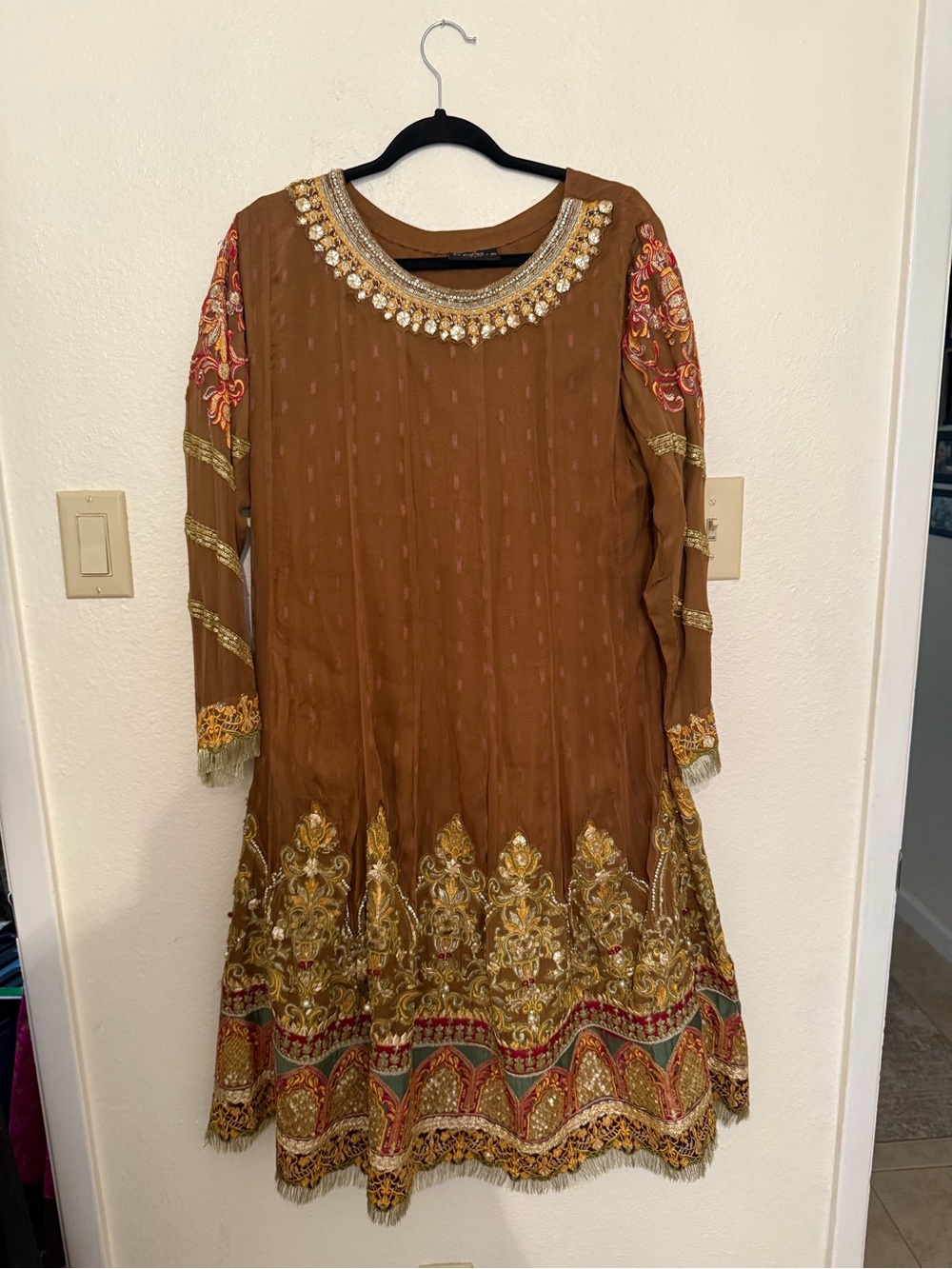 Embellished Brown Women's Dress with Gold Accents